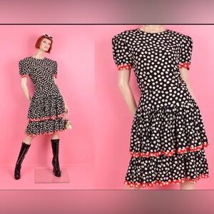 Albert Nipon Vintage 80s Polka Dot Silk Pleated Tiered Midi Dress Size 10 Womens